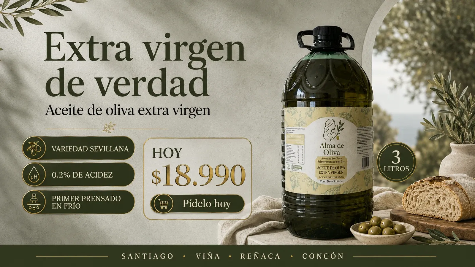 Aceite de oliva extra virgen 3 litros — $18.990, variedad Sevillana, primera presión en frío