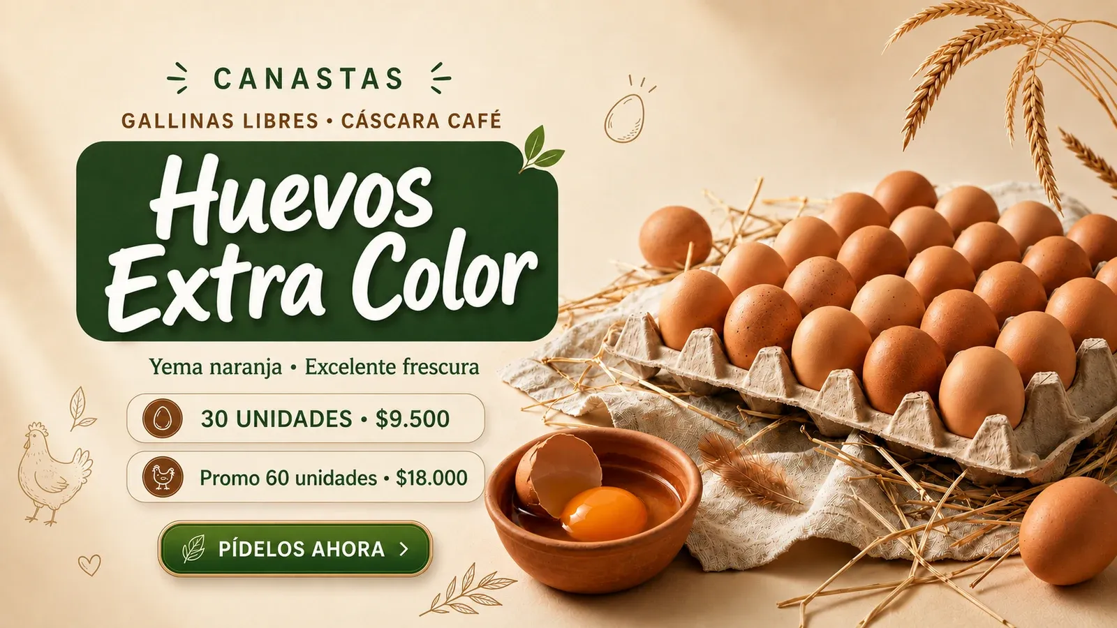 Huevos extra color de gallina libre, yema naranja — 30 unidades por $9.500, promo 60 por $18.000
