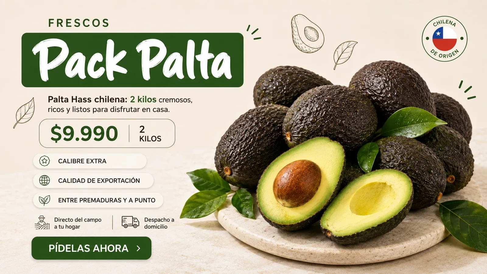 Palta Hass Premium 2 kg — $9.990, calibre extra